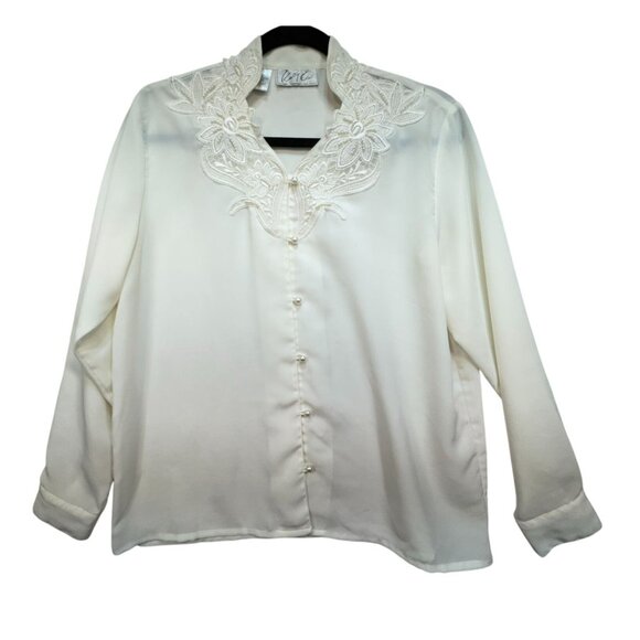 VintageKathy Che Womens Button Up Shirt Size 12P Ivory Embroidered Sheer Dainty - Picture 1 of 10